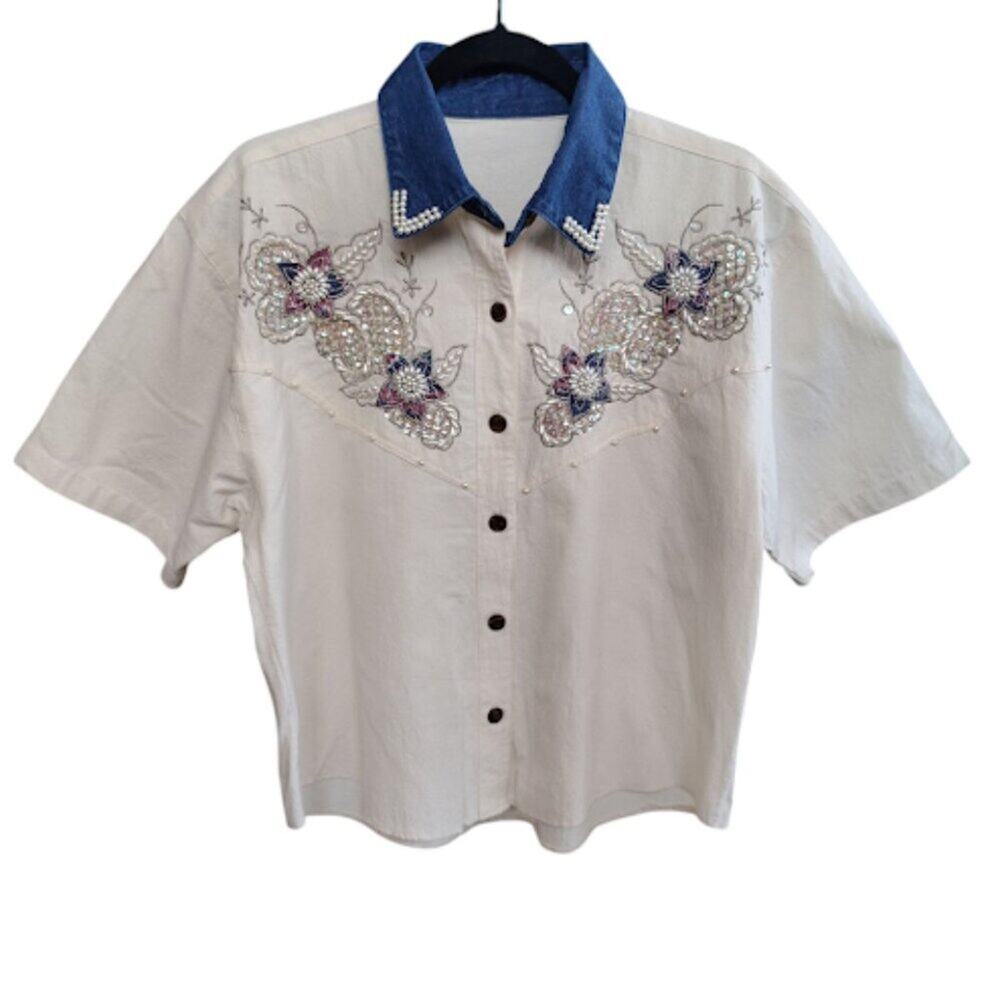JANE ASHLEY | Vintage Boxy Embroidered Western Button Up Embellished Collar